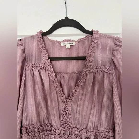 Tiered Ruffle V-Neck Long Sleeve Dress - Mauve - Picture 2 of 5